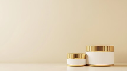 Canvas Print - Minimalist 3D rendering of white and gold cosmetic containers against a soft beige background, with space for product branding.