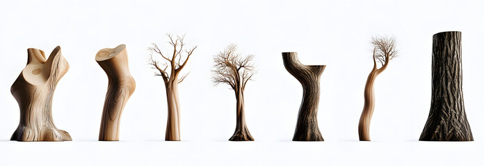 set of modern decorative natural wood tree sculptures isolated on transparent background. 