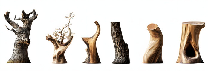 Wall Mural - set of modern decorative natural wood tree sculptures isolated on transparent background. 