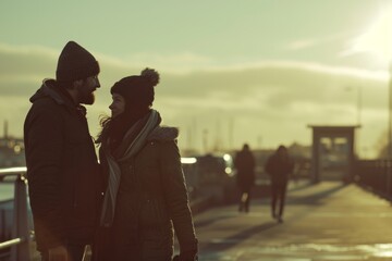 Wall Mural - Couple in love walking on the embankment at sunset.