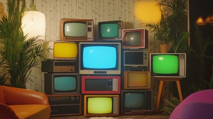 A vintage television collection arranged in a unique layout, colorful retro aesthetic, perfect for a nostalgic festive display