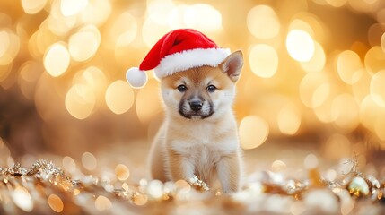 Poster - Shiba inu dog with Santa hat on golden bokeh background. Christmas, New year festive Shiba inu puppy portrait 