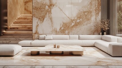 Canvas Print - Premium luxury modern family room with marble table and sofa. Palissandro classico - natural marble stone texture, photo of slab. Beautiful simple 