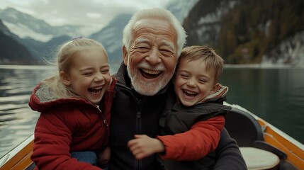 Wall Mural - Portrait of a happy grandfather with his grandchildren on a boat at lake, they are laughing and smiling. 