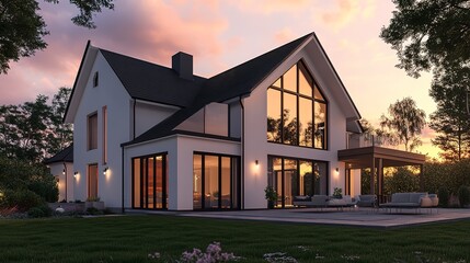 Poster - Photo of modern house with gable roof and terrace on the first floor, white walls with black window frames in an environment surrounded by green grass at sunset 