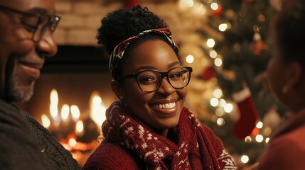 Poster - Photo of a family of African descent in a close-up shot, sharing special moments by a fireplace decorated for Christmas. 