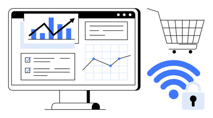 A computer screen displays various data analytics graphs and charts. Nearby are a shopping cart and a wireless symbol with a lock. Ideal for e-commerce, data analysis, business growth, cybersecurity