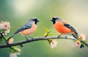 Wall Mural - Little birds sitting on branch of tree. Male and Female common bullfinch