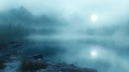 Poster - A serene lake shrouded in mist, with mountains in the background and a bright moon illuminating the scene.