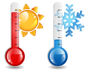 hot and cold thermometers with sun and snowflake graphics