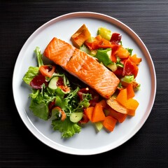 Wall Mural - Top-view of low-calorie diet meal with salmon fillet mixed green salad cucumber bell peppers and sweet potato
