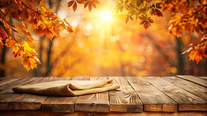 Canvas Print - Autumnal Wooden Table With Folded Fabric, Set Against a Backdrop of Vibrant Fall Foliage and Sunlit Golden Hues