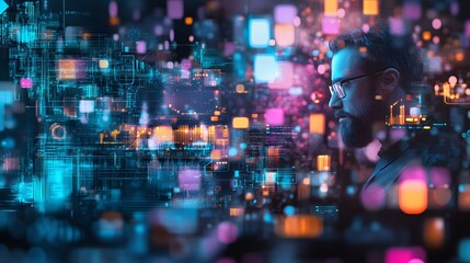 digital innovation man looking at digital data flow