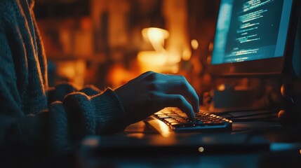 close-up of hands typing on a keyboard with code on the screen in a dimly lit room. concept of progr