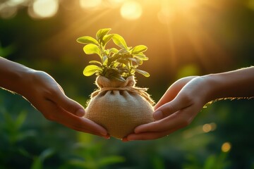 Close-up of two hands holding a small plant in a burlap sack, symbolizing growth, sustainability, and environmental care against a sunrise background.