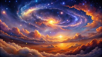 Canvas Print - A celestial tapestry of swirling galaxies and vibrant clouds, painted with the hues of sunrise and starlight.