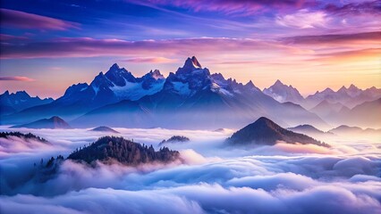 Sticker - A majestic mountain range, shrouded in a sea of ethereal clouds, bathed in the soft glow of a vibrant sunrise.