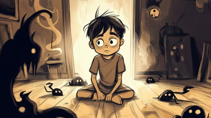 A young boy in a dimly lit room sits surrounded by eerie shadow creatures, creating a sense of intrigue and fear.