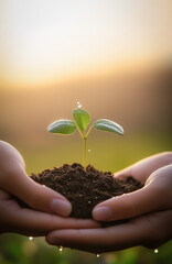 close-up image of two hands carefully holding a small green seedling with soil, captured at dawn wit