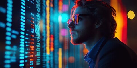 Focused programmer analyzing code with colorful digital data on screen. Technology concept, software development, data analysis, computer science.