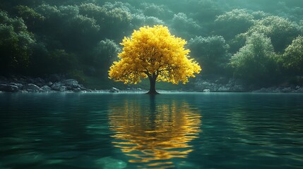 Poster - A single, golden tree stands alone in a serene lake, its reflection mirroring the beauty of nature.