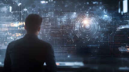 Hacker Working on Digital Interface with Data and Code
