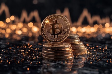 Golden Bitcoin stacks on reflective surface with blurred financial graph in background, representing cryptocurrency investment and market trends.