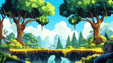 A Lush, Cartoon Landscape with Two Large Trees and a Cliff Overlooking a Blue Abyss