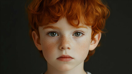 Portrait of a Young Boy with Red Hair and Freckles on a Dark Background