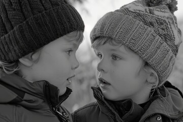 Poster - Cute little boy and girl looking at each other in winter park