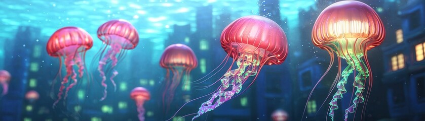 Canvas Print - Underwater City with Jellyfish.