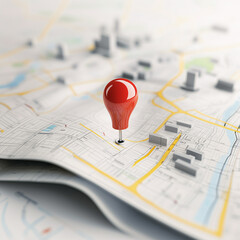 Wall Mural - red pin is marking a specific location on a 3d city map with buildings and a river