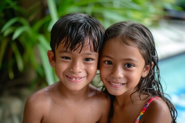 Poster - Portrait of a cute little boy and girl in the swimming pool