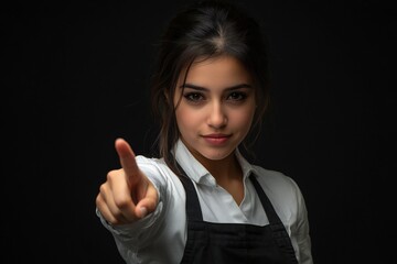 Restaurant waiter mexican american girl isolated on black background points finger at you with a confident expression 