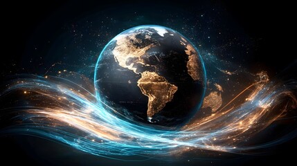 Wall Mural - Earth Globe With Blue And Orange Light Streaks In Space