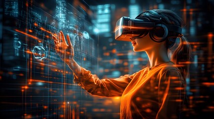 Wall Mural - Woman in VR Headset Interacting with Digital Interface