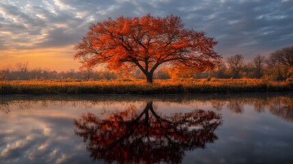 A vibrant autumn tree reflects in still water under a dramatic sky, showcasing the beauty of nature during fall.