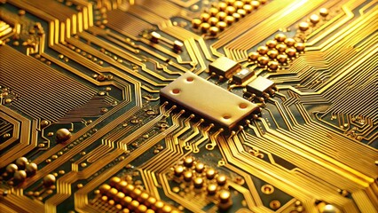 Canvas Print - Golden electronic microcircuits close-up, technology, electronic, components, circuit, close-up, detail, macro