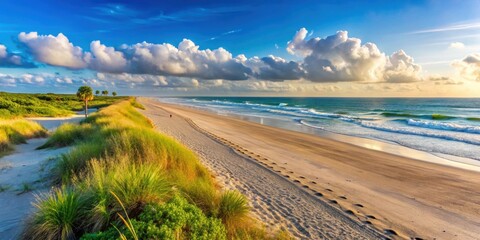 Sticker - Scenic beach landscape with sandy shoreline in Cape Canaveral port, Florida, beach, landscape, scenic, shoreline, Cape Canaveral