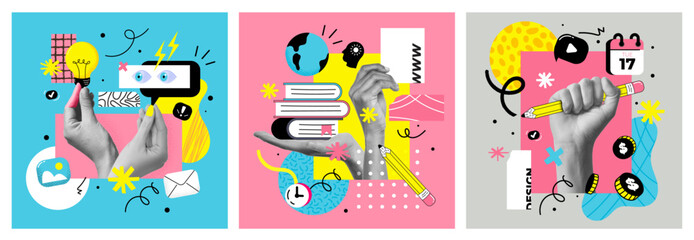 the abstract collage banner for an art school or online education. the halftone hand and splash elem