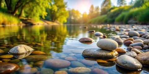 Wall Mural - Pebbles in a serene river setting, nature, water, stones, rocks, peaceful, stream, tranquility, reflection, calm, outdoor, Zen