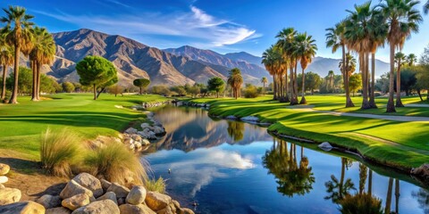 Sticker - Stream flowing through scenic golf course in Palm Springs, California , Palm Springs, California, golf course, stream, water