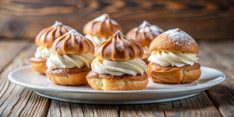 Wall Mural - Profiteroles filled with cream on a plate with a view of the natural cream , dessert, pastry, French cuisine