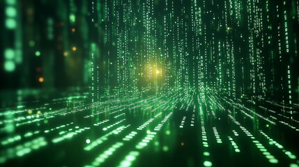 A digital green code rain falling from above in a dark background with bright light at the end of the tunnel.
