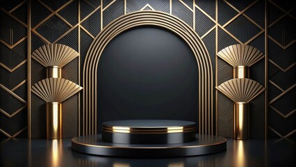 Luxurious black and gold art deco podium for product presentation on matte background stage, luxury, abstract, realistic, render