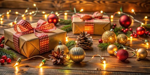 Poster - Decorated gift boxes, Christmas ornaments, and festive lights on a wooden table, festive, holiday