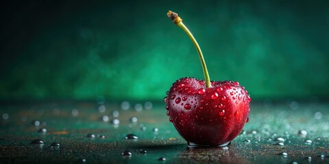 Sticker - Close-up of a fresh red cherry with water droplets on a dark green background, Cherry, fruit, red, close-up, fresh