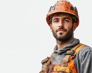 Professional treetrimmer with safety helmet, forest trees visible behind him, set against a clean white background, with generous copy space