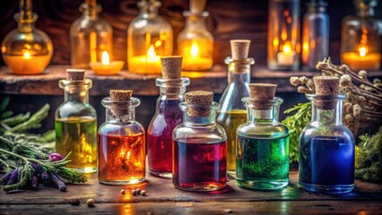 Witchcraft potion vials with magic liquid ingredients for alchemy and esoteric rituals, witchcraft, potion, vials, magic