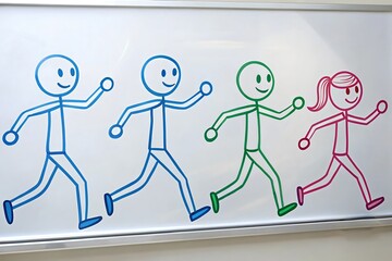 Happy stick figure walking in group on whiteboard. Teamwork and team building